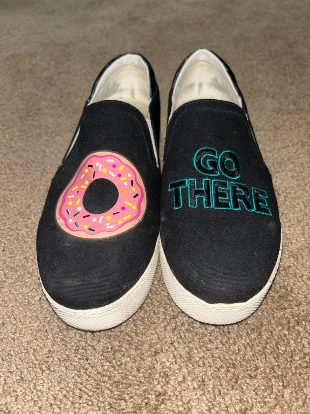 Circus by Sam Edelman Black Slip-On Sneakers with Pink Donut and Teal Embroidery